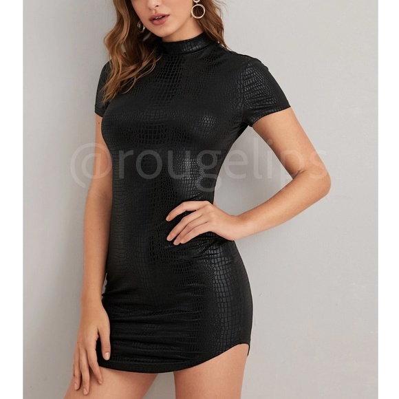 Rouge! Dresses & Skirts - Black Faux Crocodile Reptile Gator Embossed Fitted Mini Dress Short Sleeve